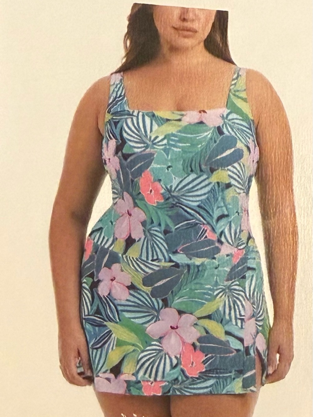 Beyond Control Floral Square-Neck Swim Dress — Teal & Pink